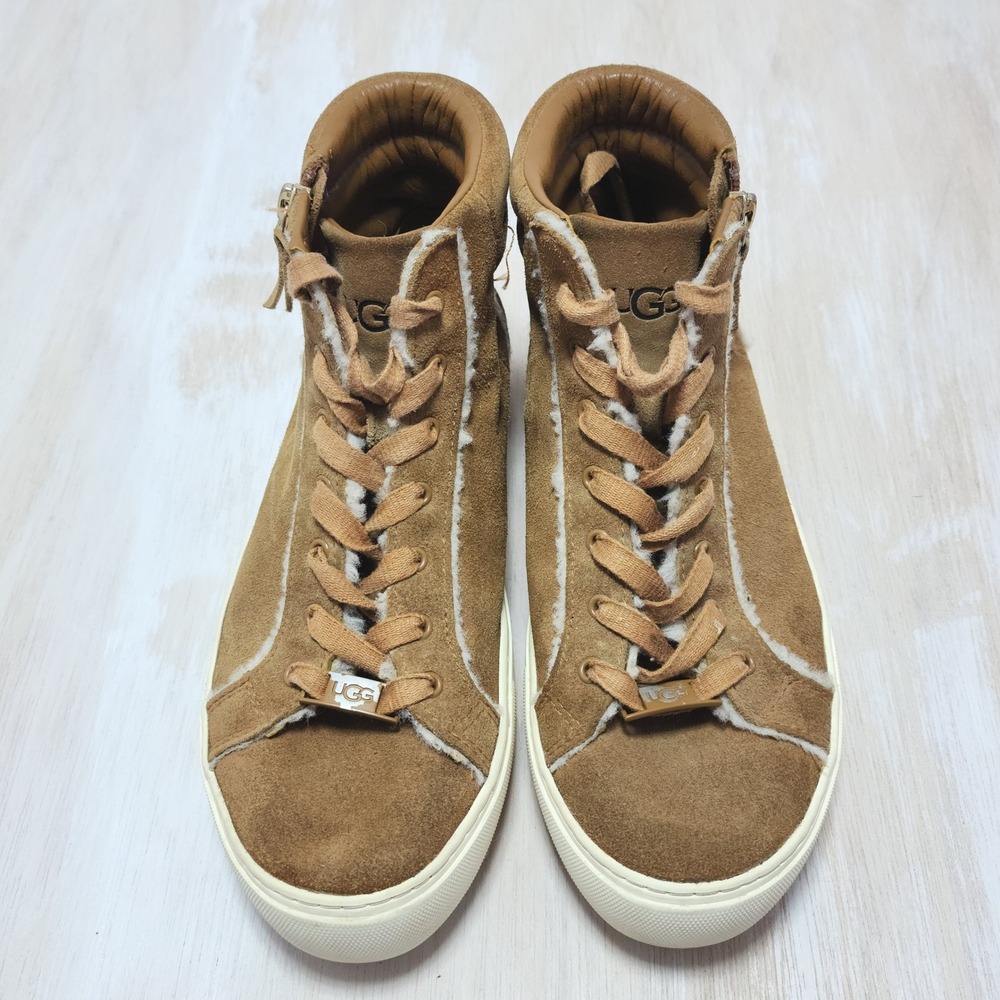 UGG Olive Chestnut Suede Sheepskin High Top Sneakers Side Zip Womens 7.5